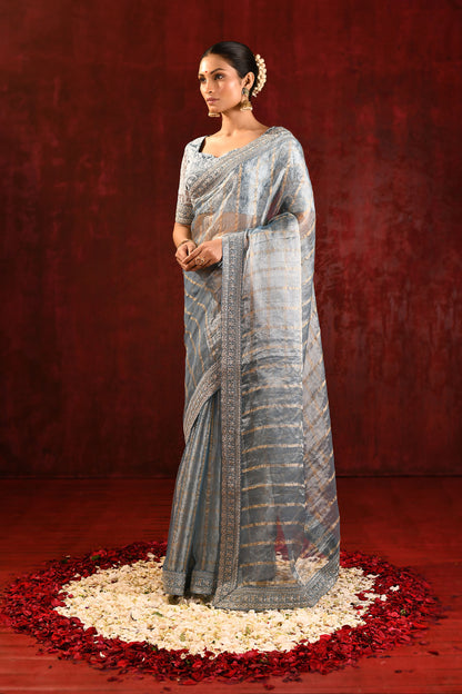 Metallic Grey Embroidered Tissue Saree