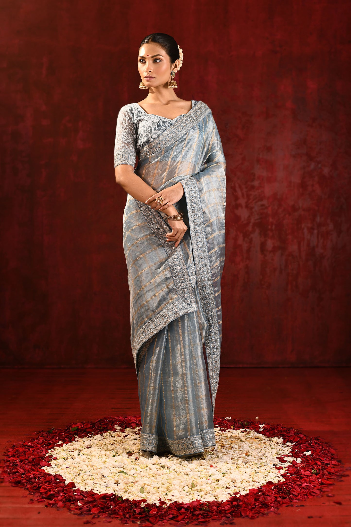 Metallic Grey Embroidered Tissue Saree