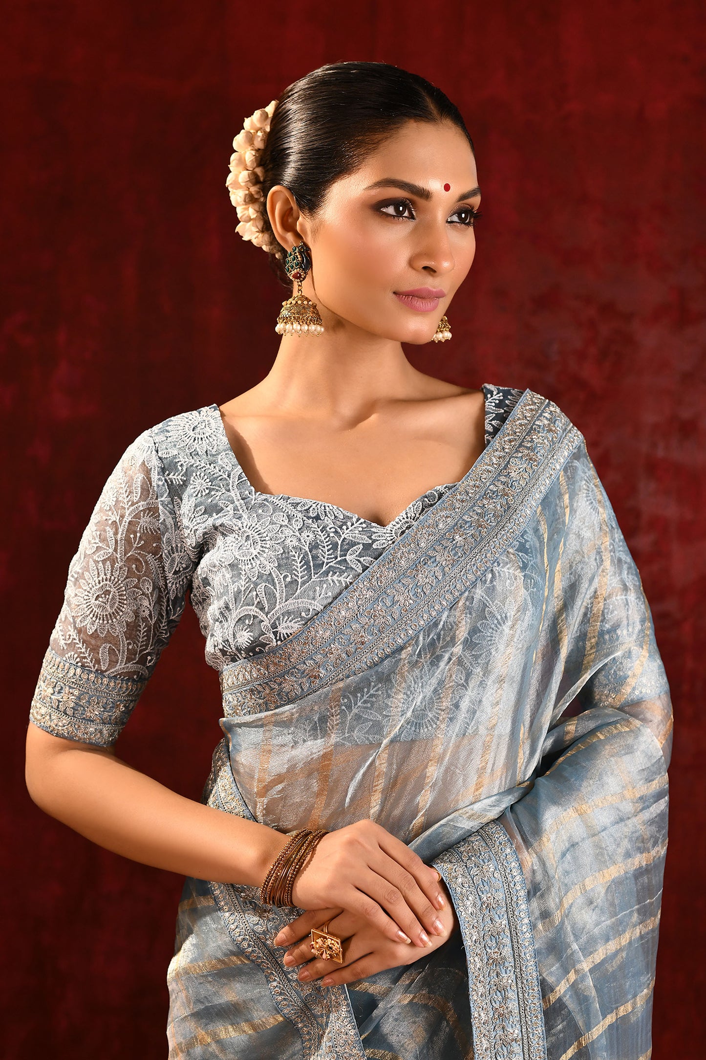 Metallic Grey Embroidered Tissue Saree
