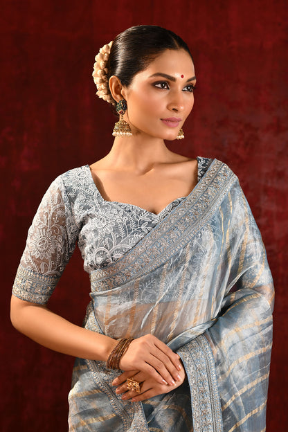 Metallic Grey Embroidered Tissue Saree