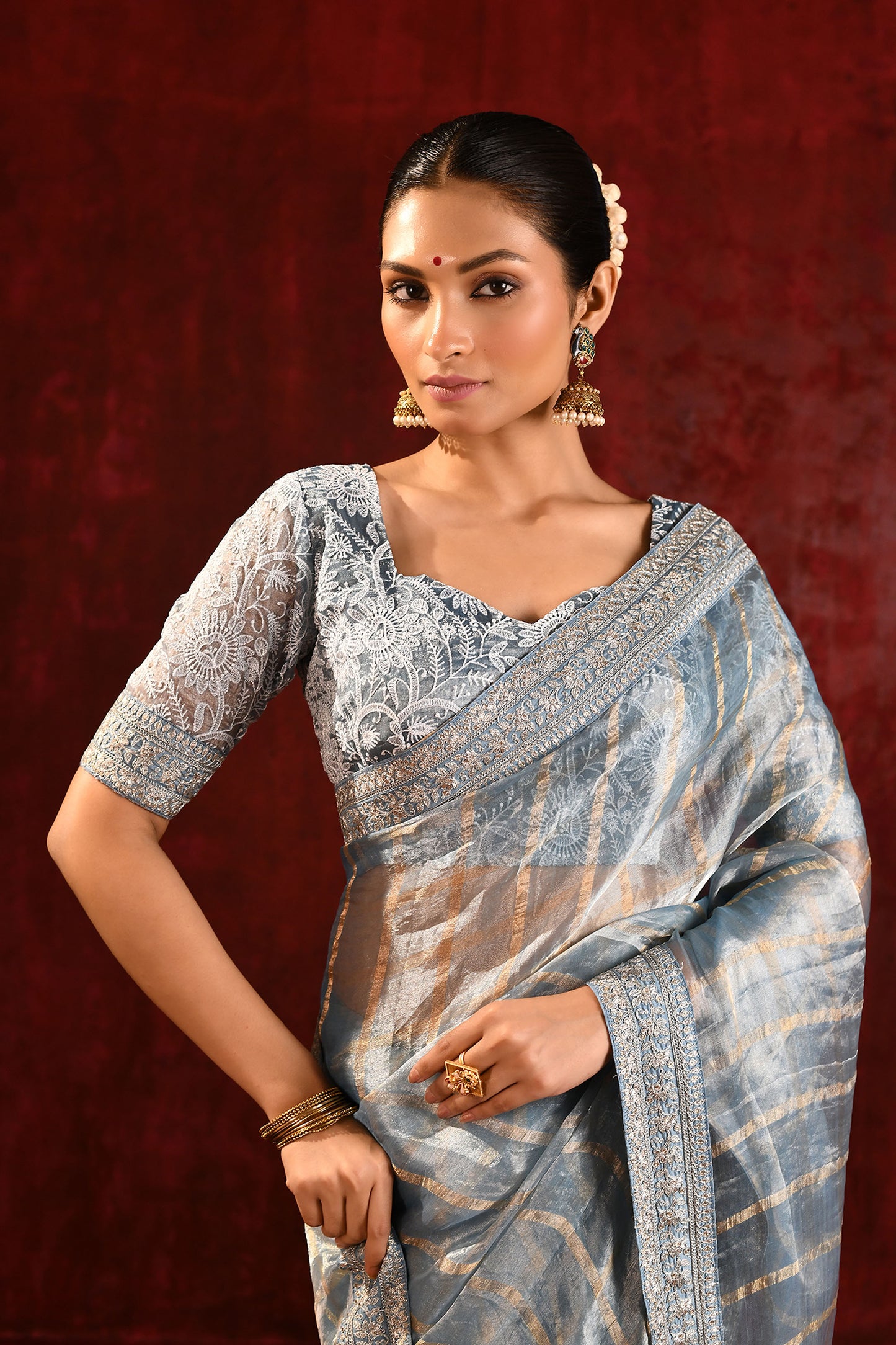 Metallic Grey Embroidered Tissue Saree