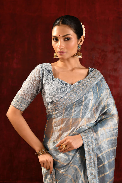 Metallic Grey Embroidered Tissue Saree