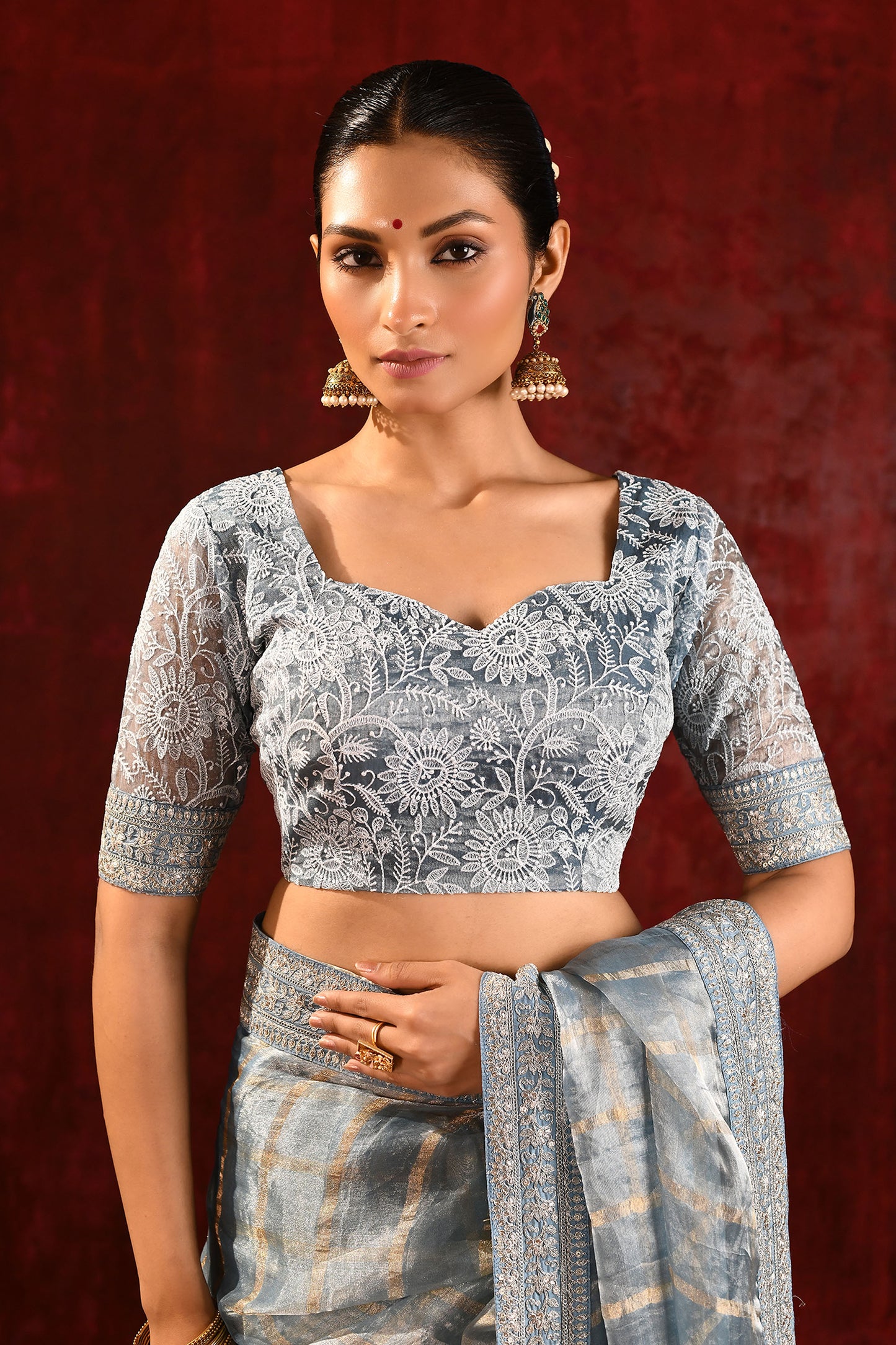 Metallic Grey Embroidered Tissue Saree