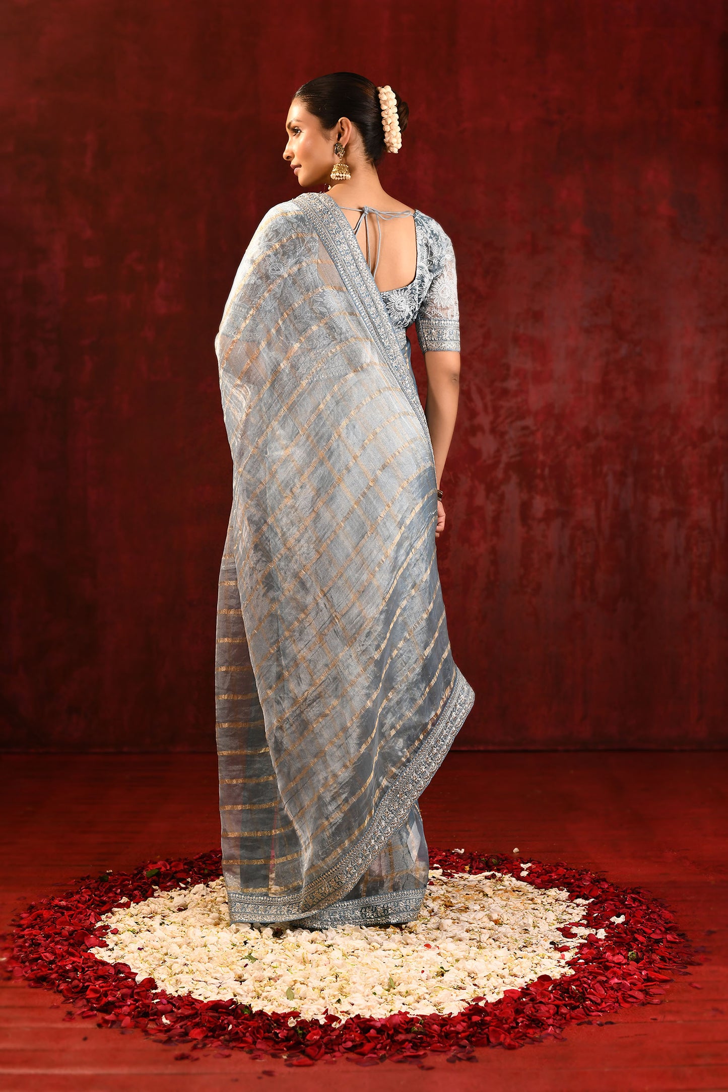 Metallic Grey Embroidered Tissue Saree