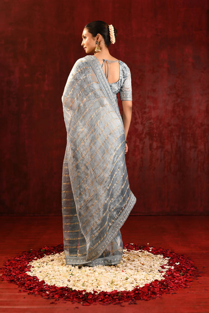Metallic Grey Embroidered Tissue Saree