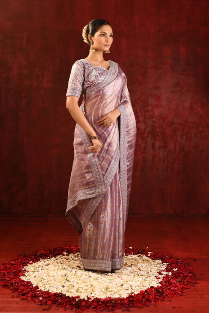 Metallic Purple Embroidered Tissue Saree