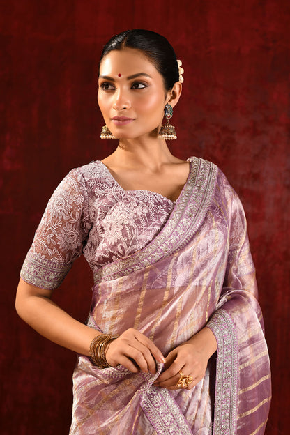 Metallic Purple Embroidered Tissue Saree