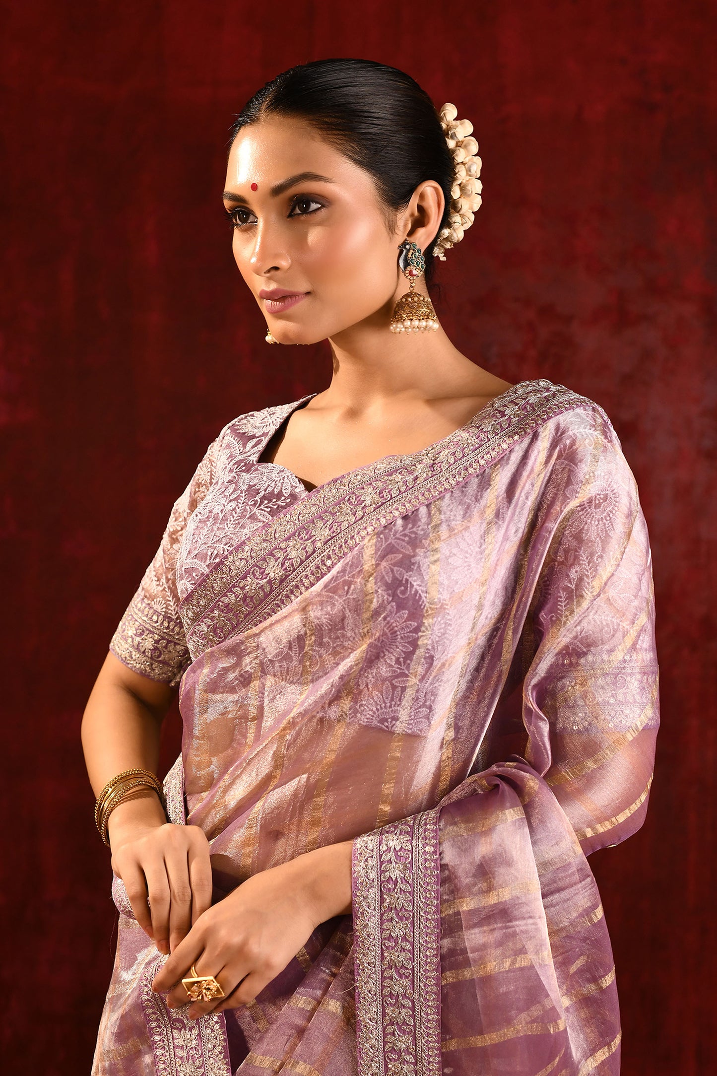 Metallic Purple Embroidered Tissue Saree
