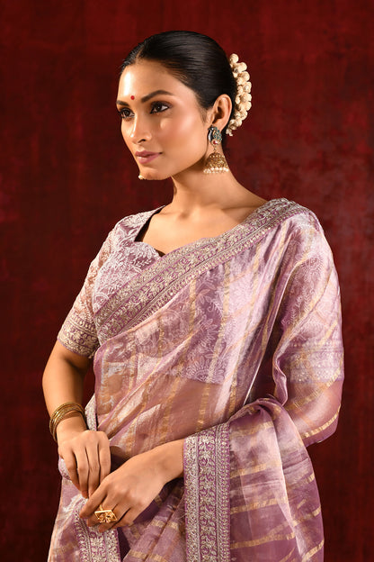 Metallic Purple Embroidered Tissue Saree
