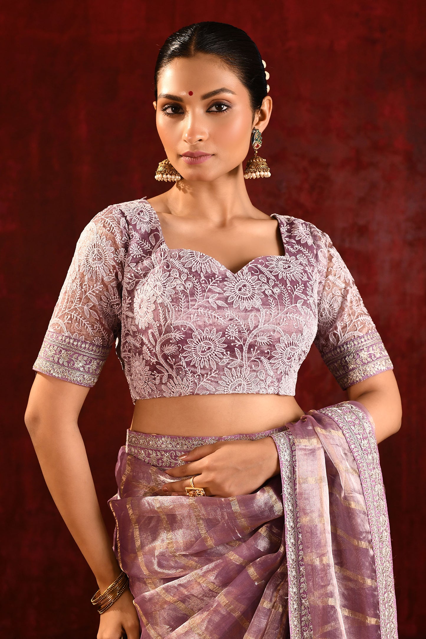 Metallic Purple Embroidered Tissue Saree