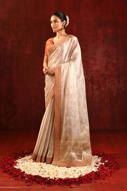 Soft Gold Metallic Tissue Embroidered Saree