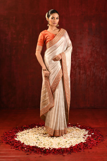 Soft Gold Metallic Tissue Embroidered Saree
