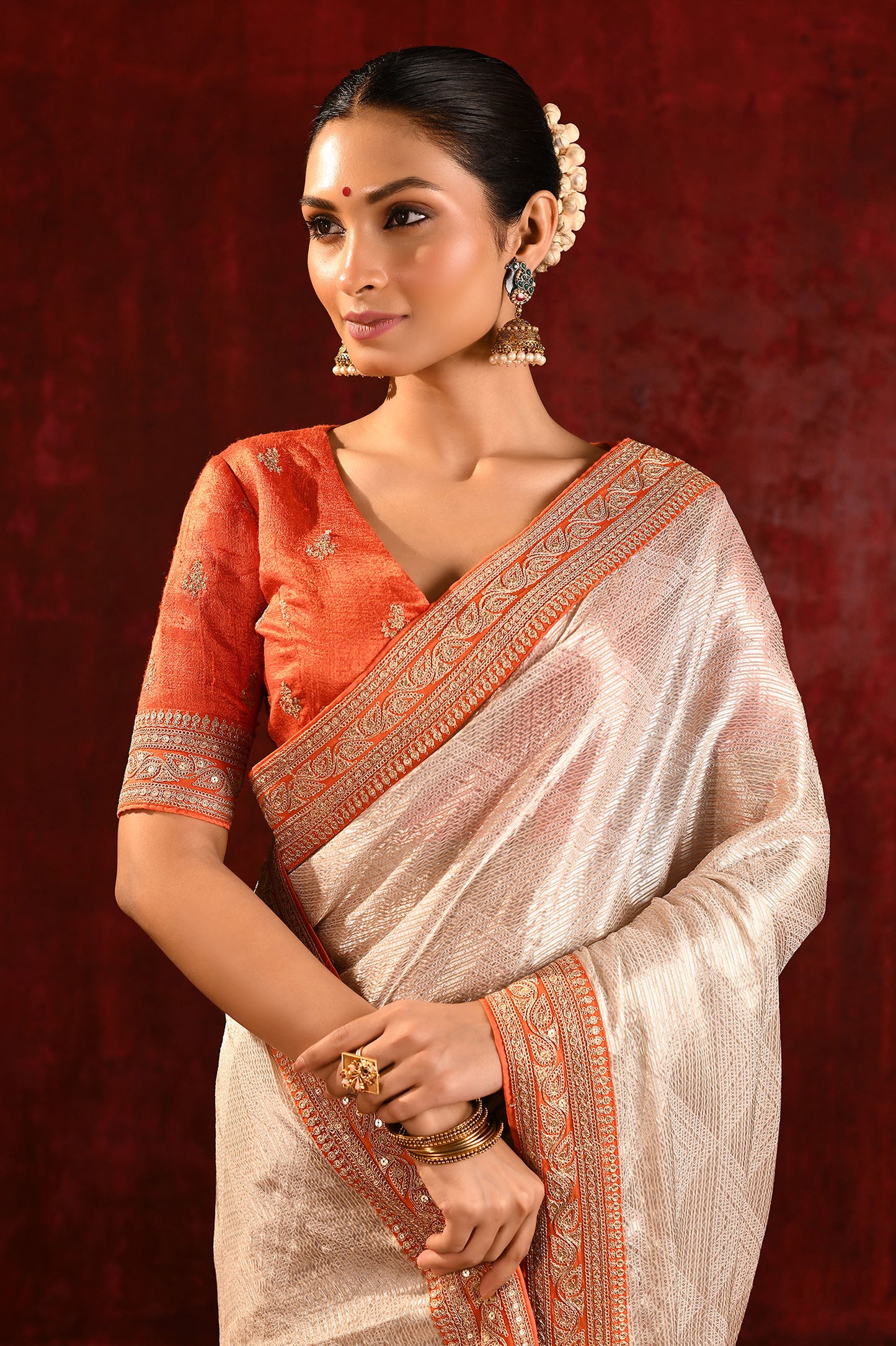 Soft Gold Metallic Tissue Embroidered Saree