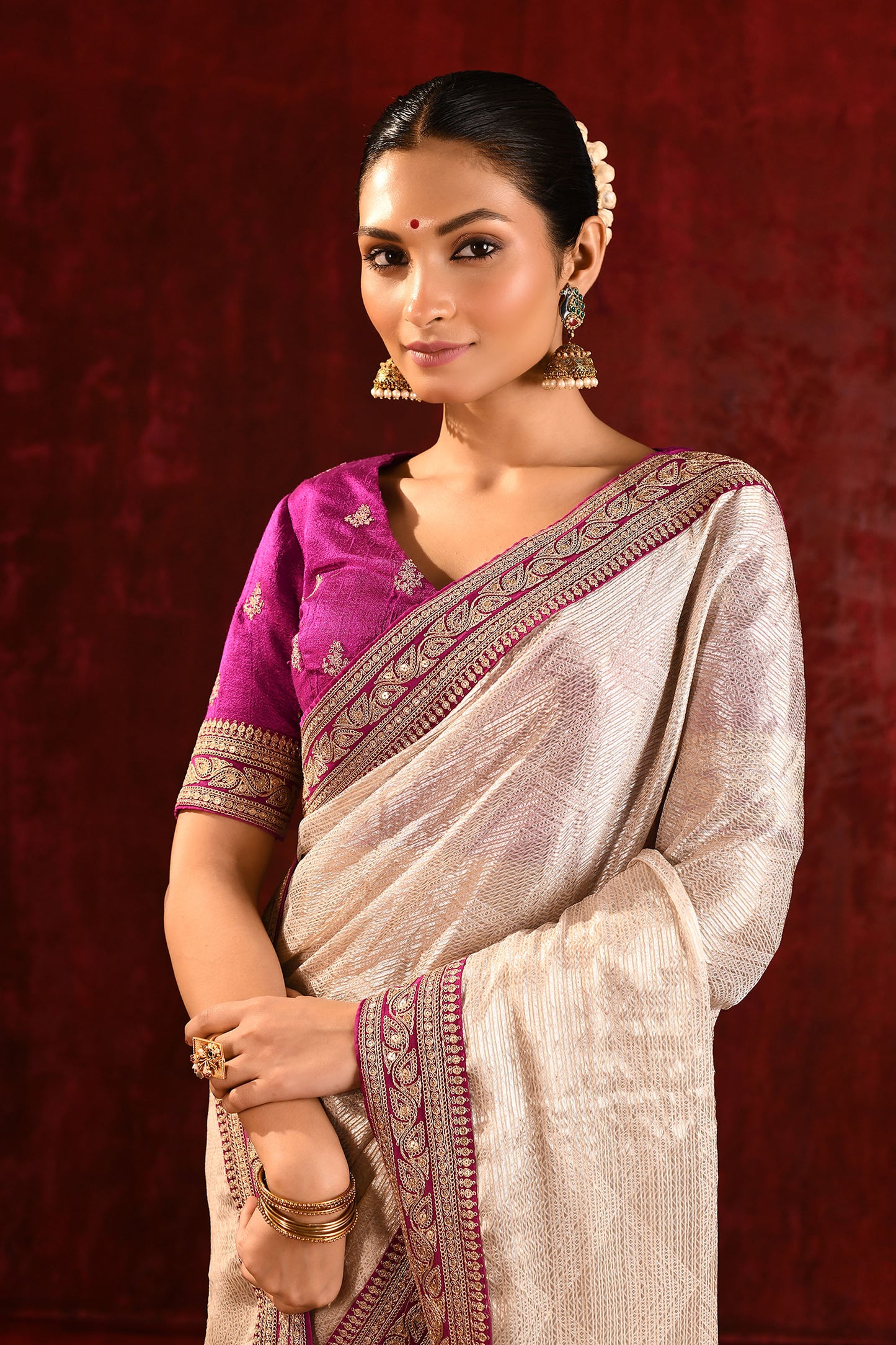 Soft Gold Tissue Embroidered Metallic Saree