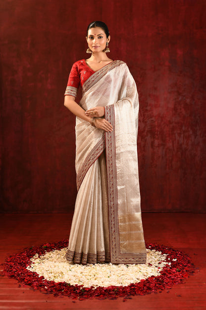 Soft Gold Embroidered Metallic Tissue Saree