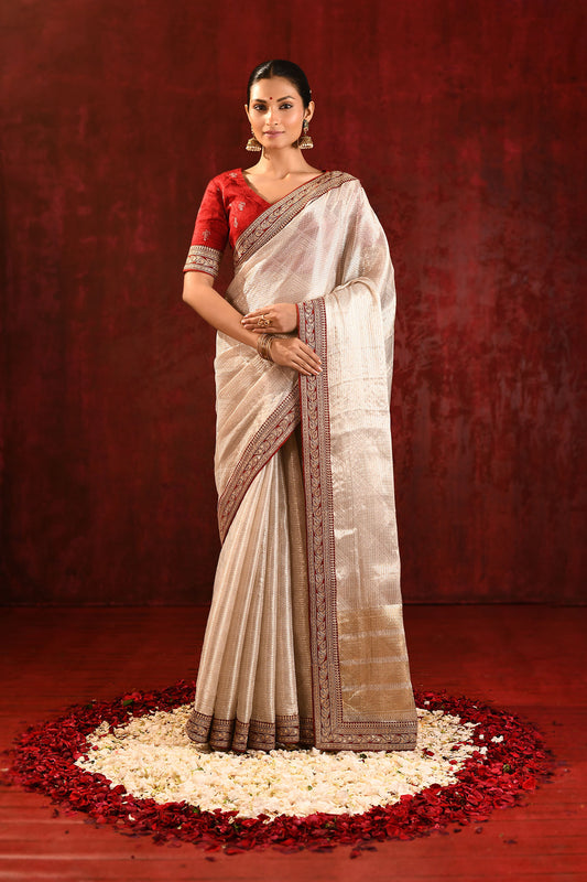 Soft Gold Embroidered Metallic Tissue Saree