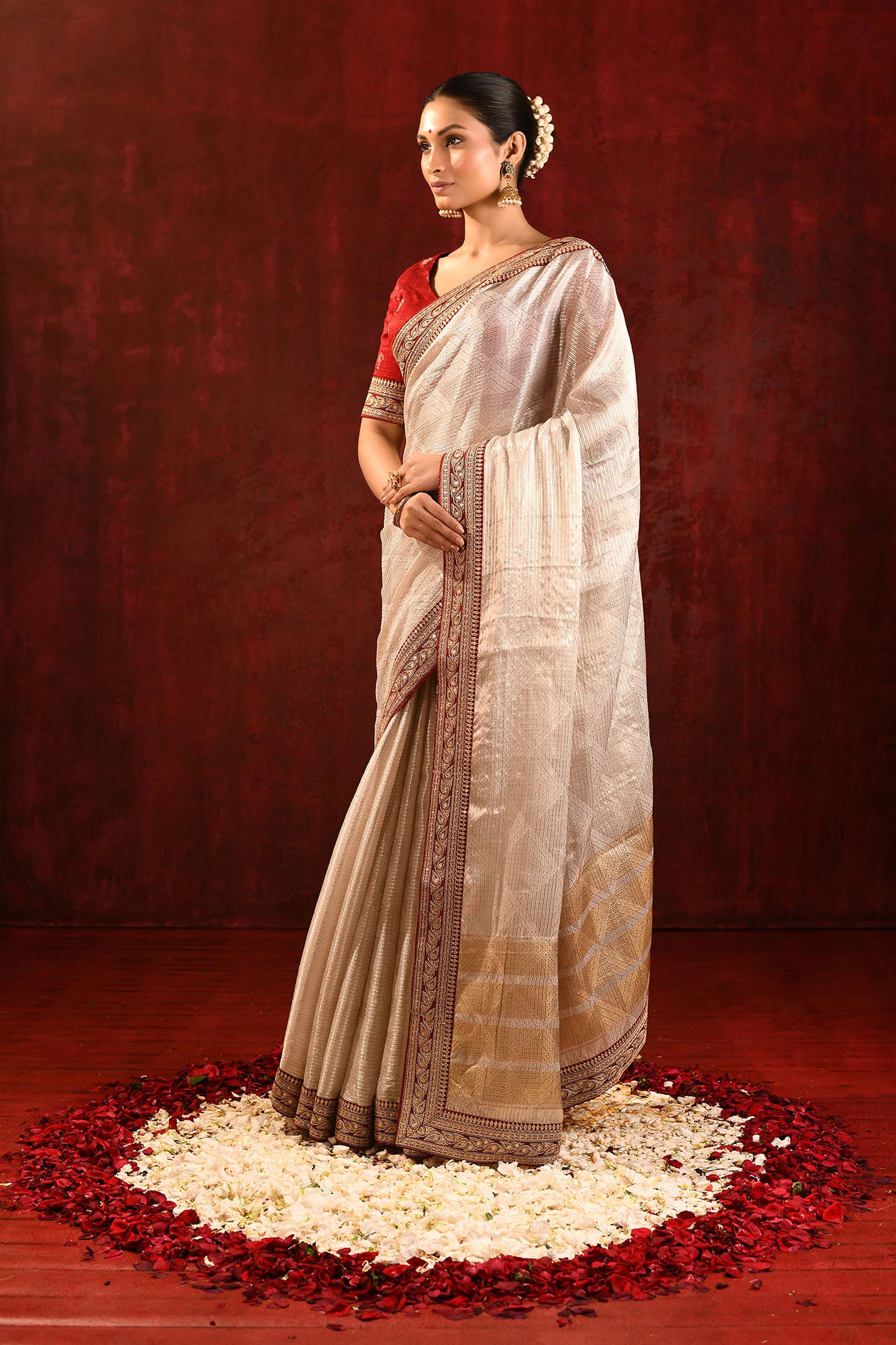 Soft Gold Embroidered Metallic Tissue Saree