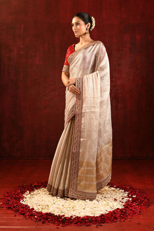 Soft Gold Embroidered Metallic Tissue Saree