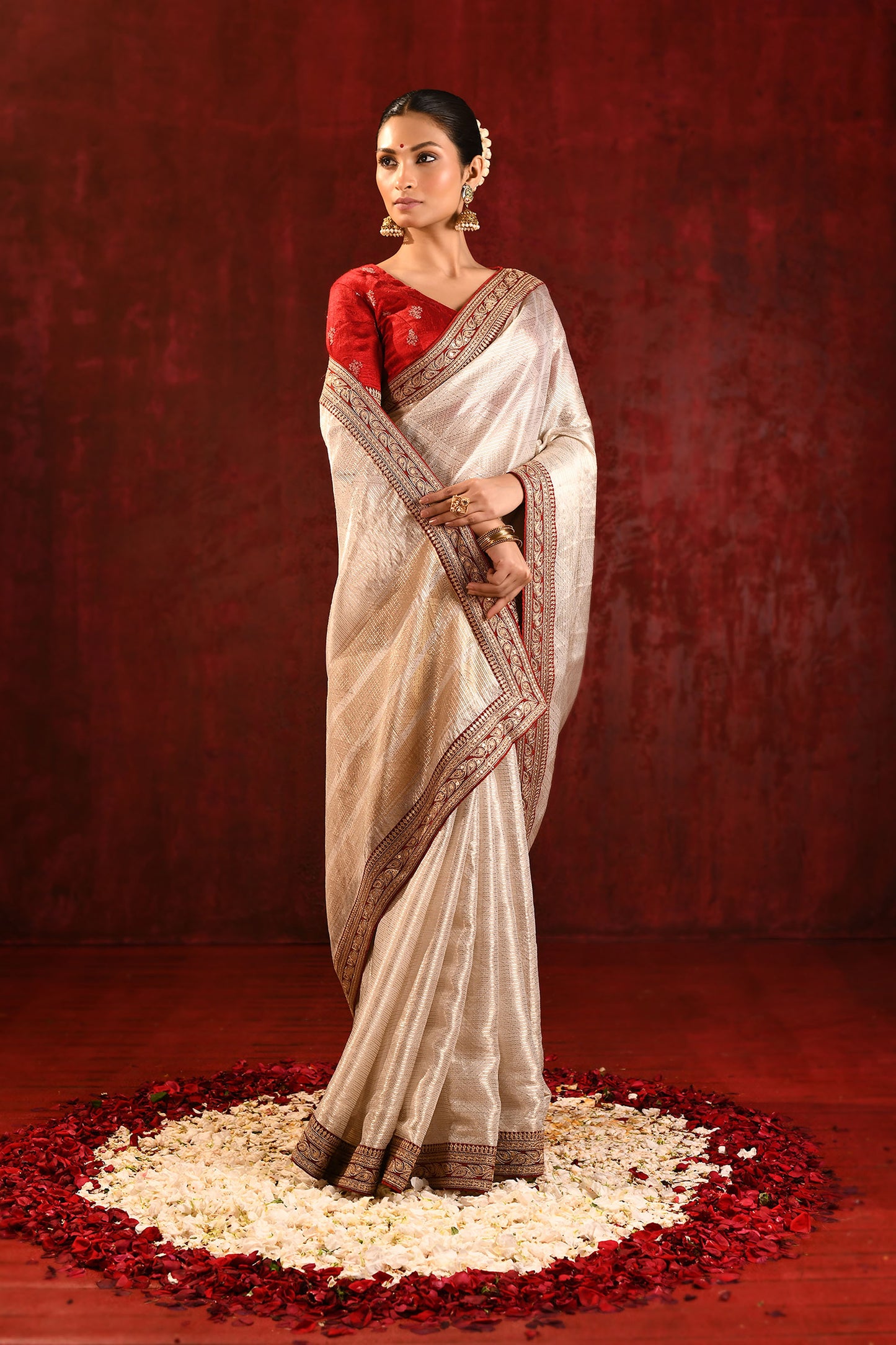 Soft Gold Embroidered Metallic Tissue Saree
