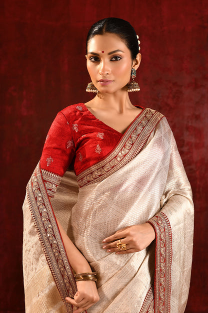 Soft Gold Embroidered Metallic Tissue Saree