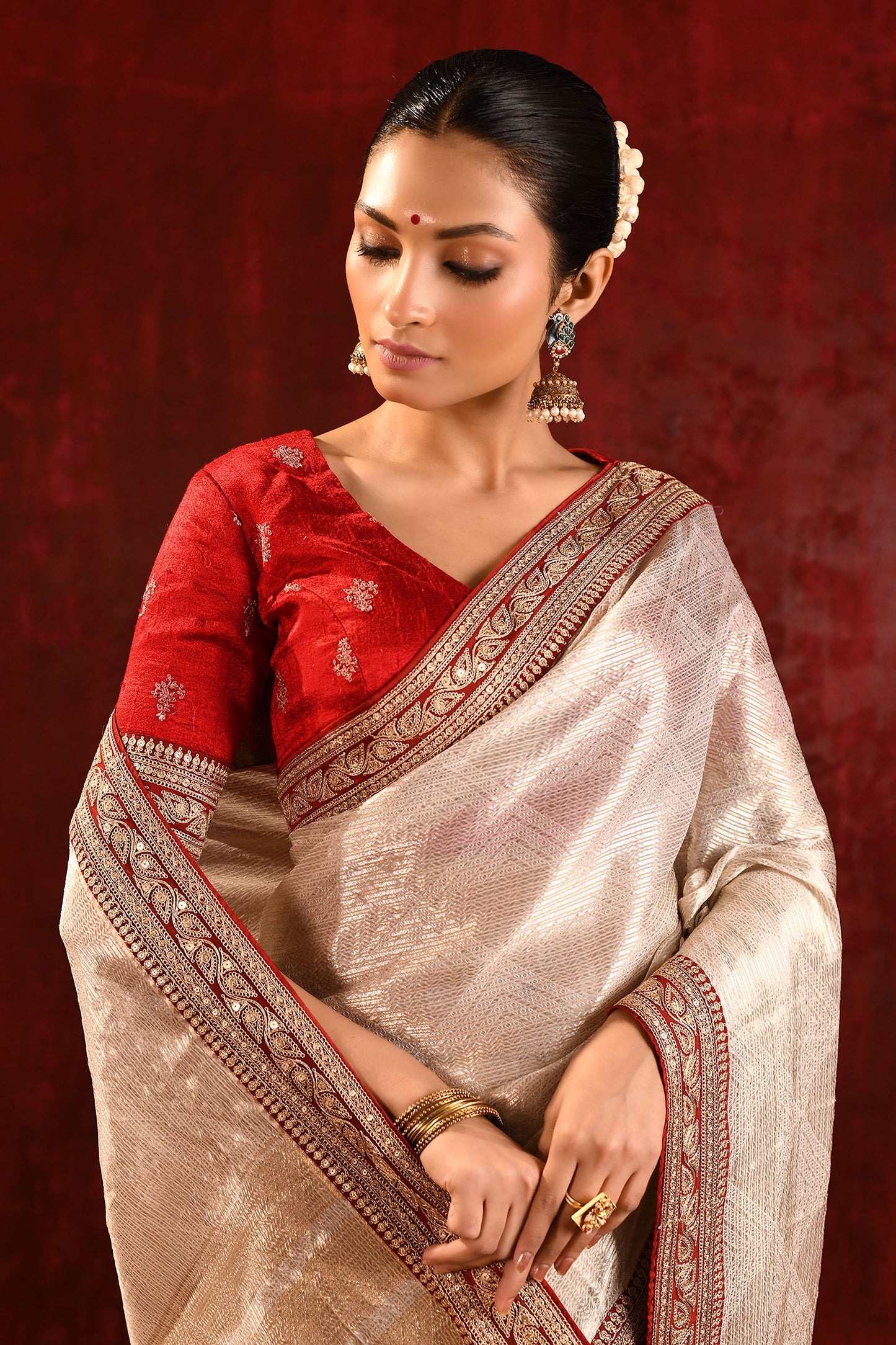 Soft Gold Embroidered Metallic Tissue Saree