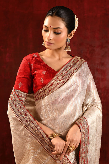 Soft Gold Embroidered Metallic Tissue Saree