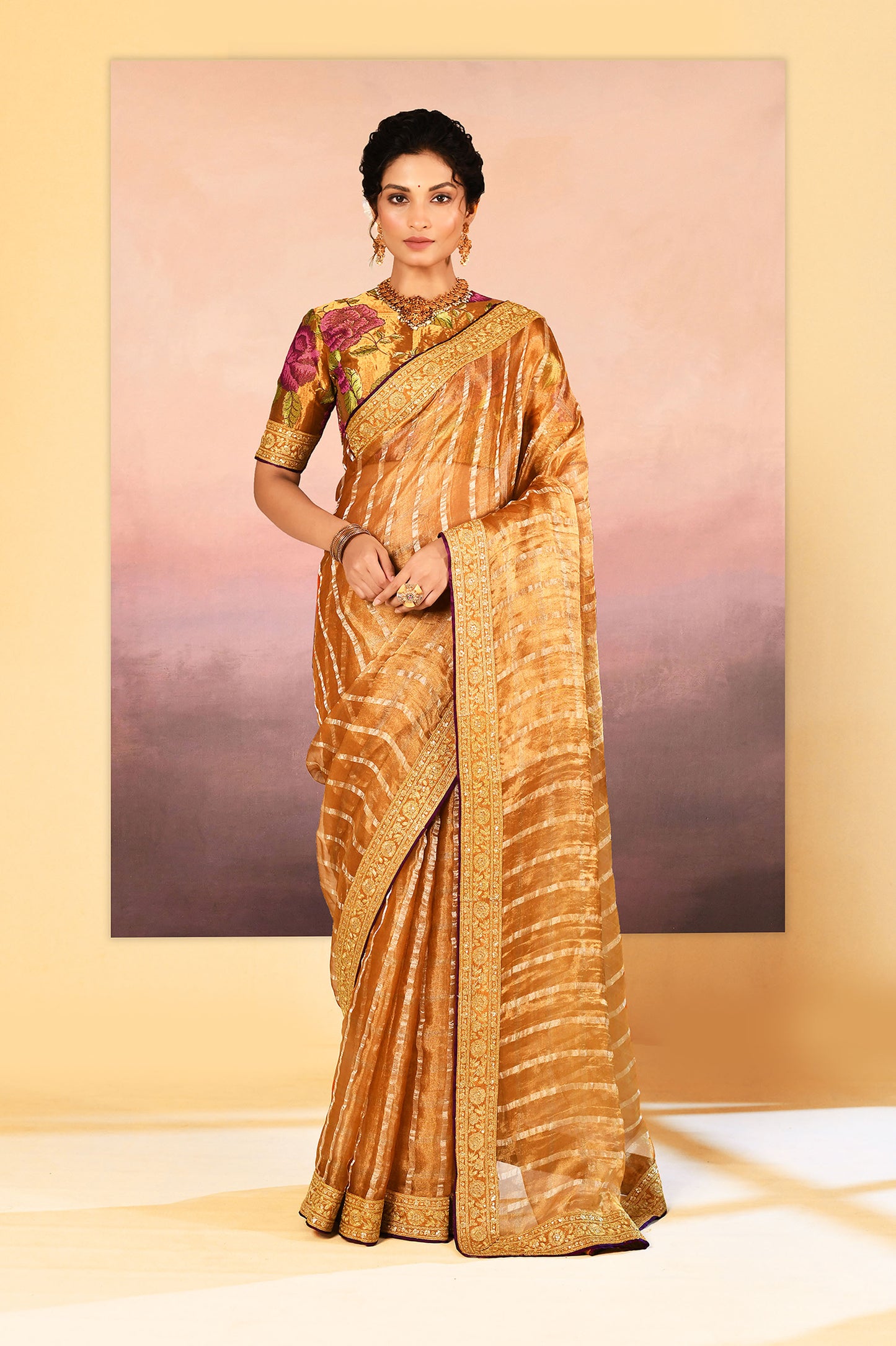 Classic Golden Embroidered Metallic Tissue Saree