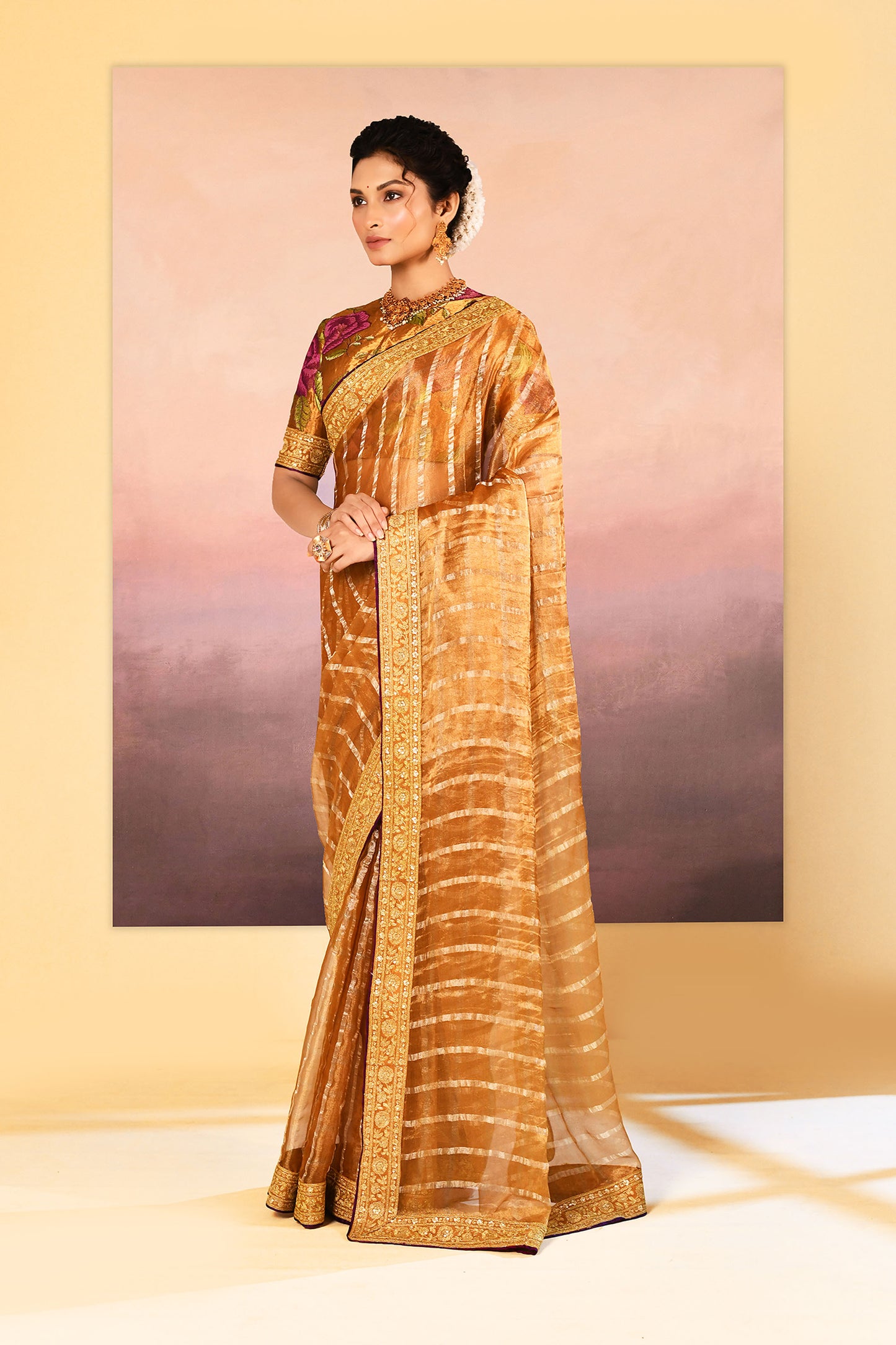 Classic Golden Embroidered Metallic Tissue Saree