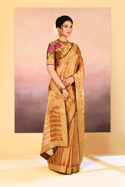 Classic Golden Embroidered Metallic Tissue Saree