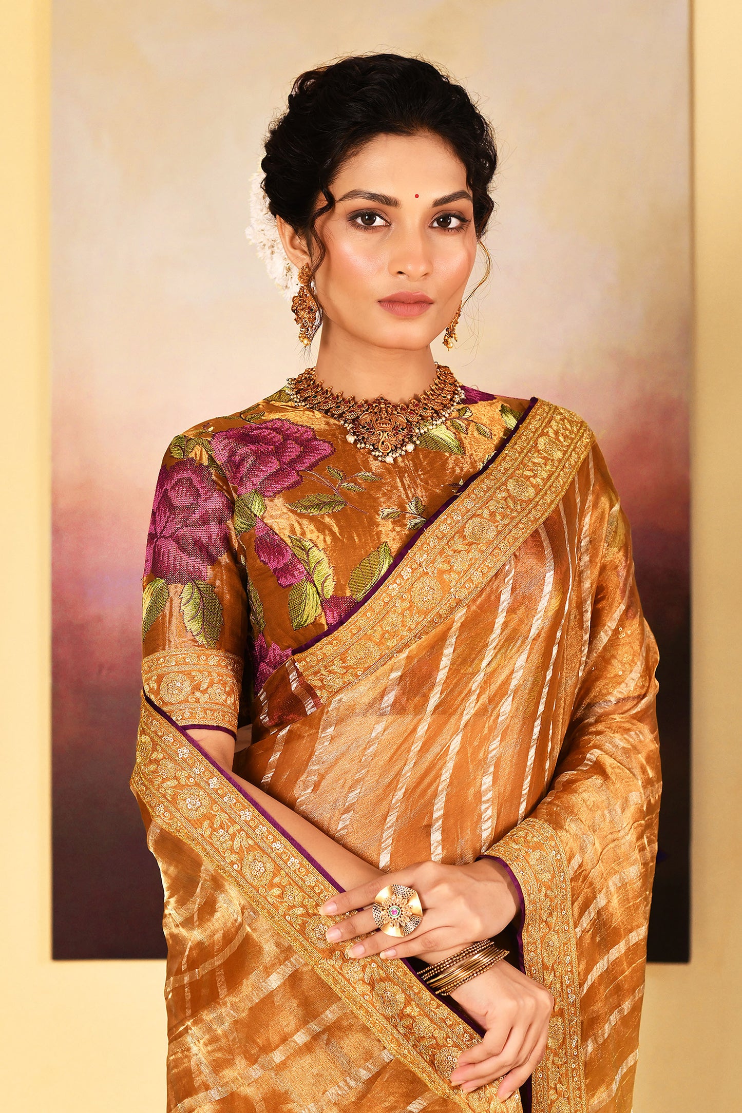 Classic Golden Embroidered Metallic Tissue Saree