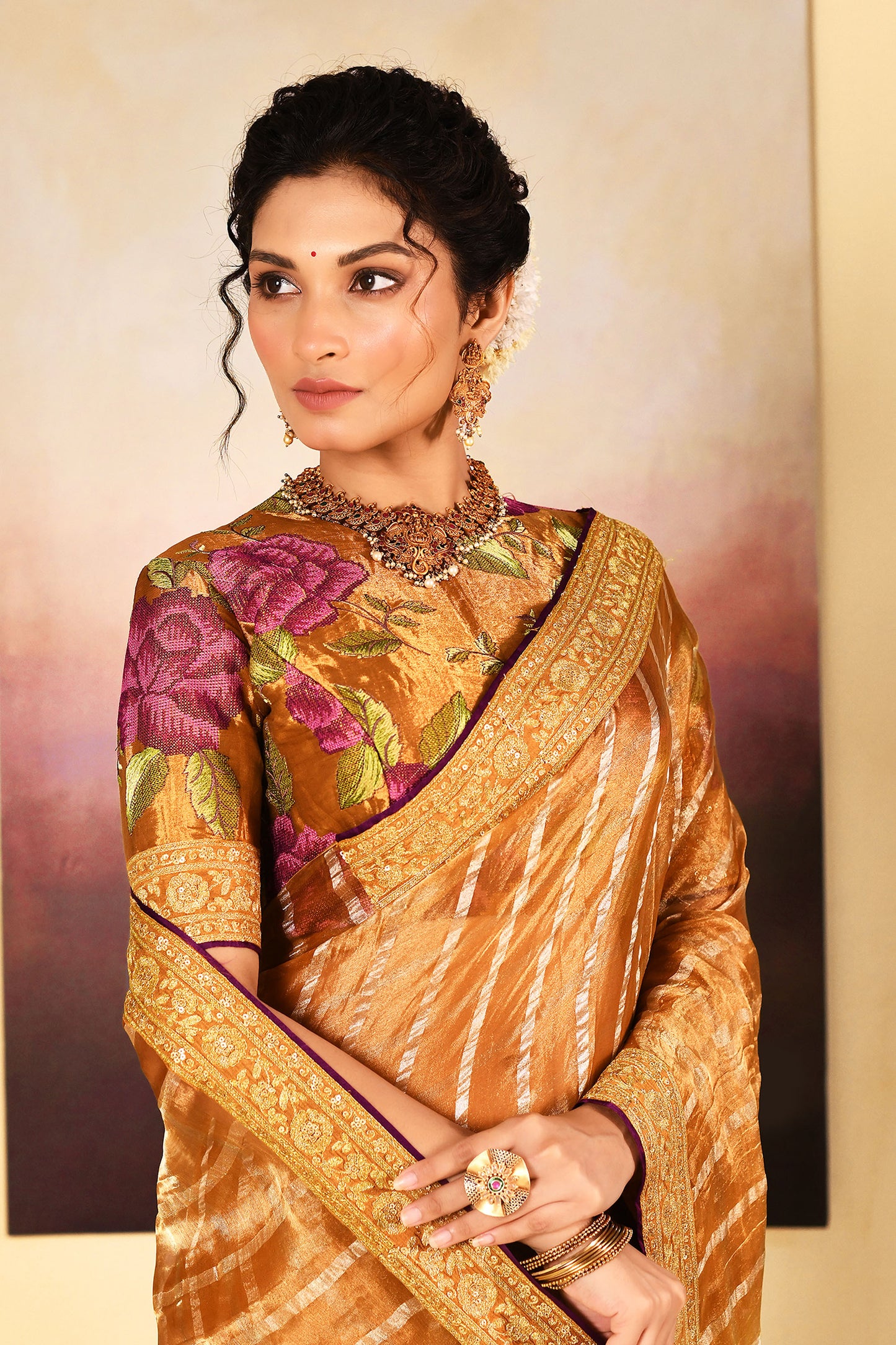 Classic Golden Embroidered Metallic Tissue Saree