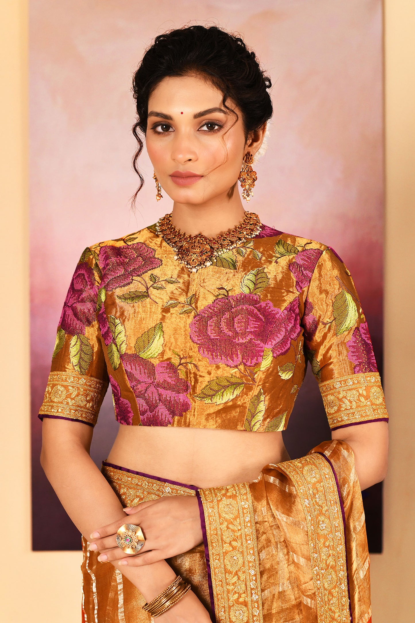 Classic Golden Embroidered Metallic Tissue Saree