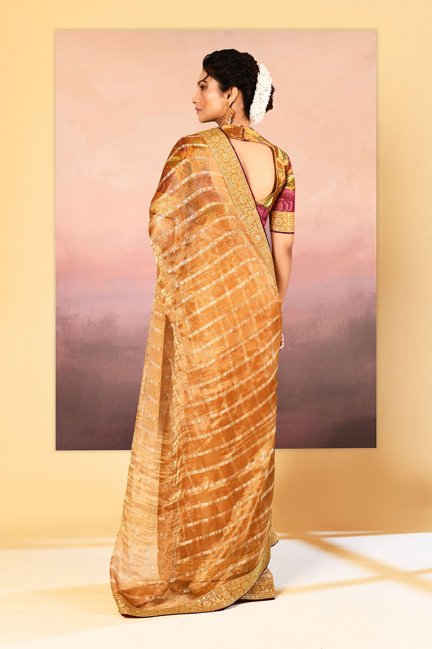 Classic Golden Embroidered Metallic Tissue Saree
