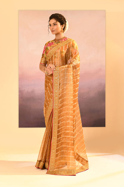 Golden Embroidered Tissue Saree With Stripes