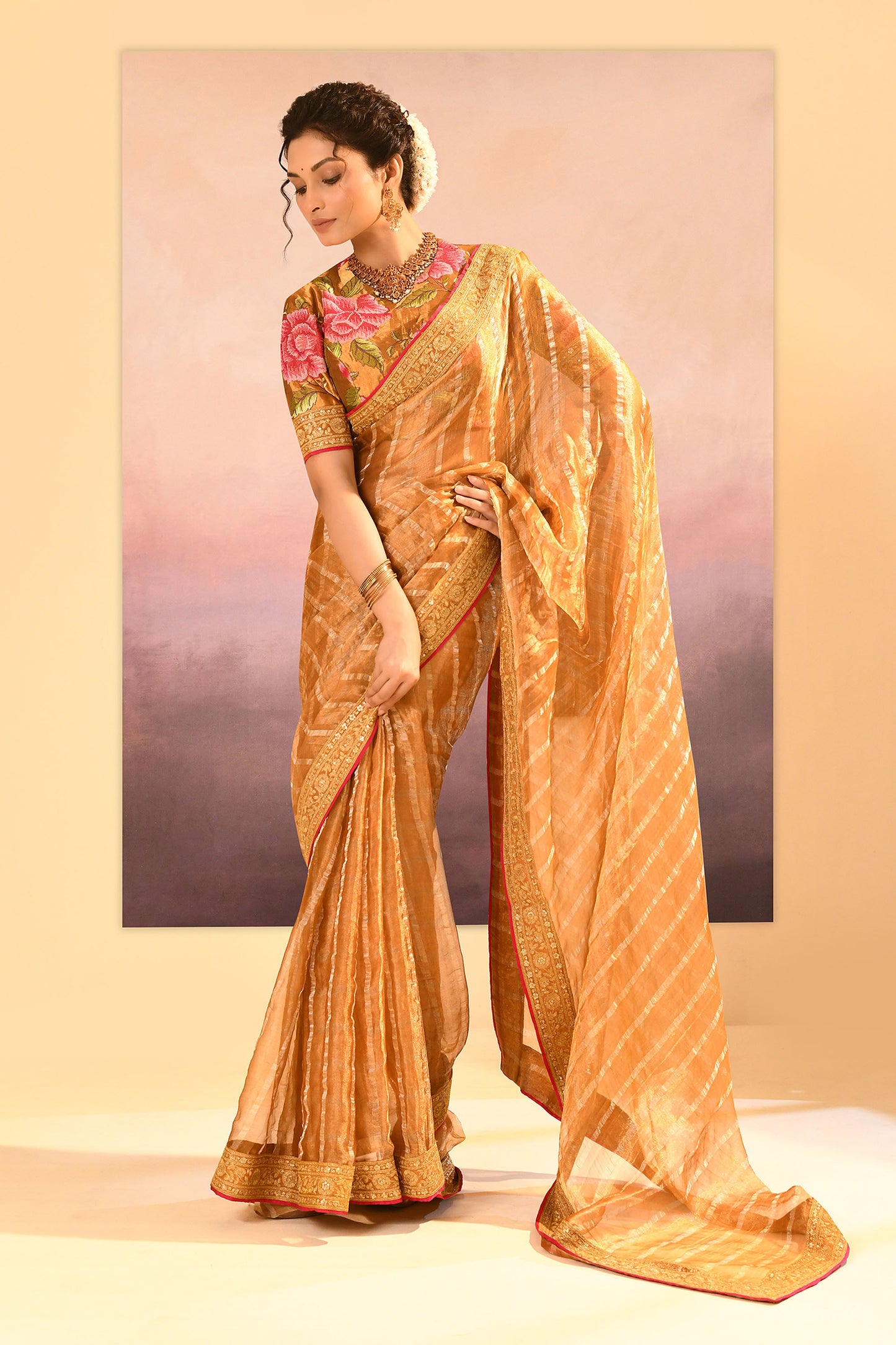 Golden Embroidered Tissue Saree With Stripes