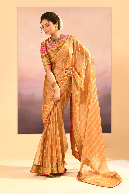Golden Embroidered Tissue Saree With Stripes