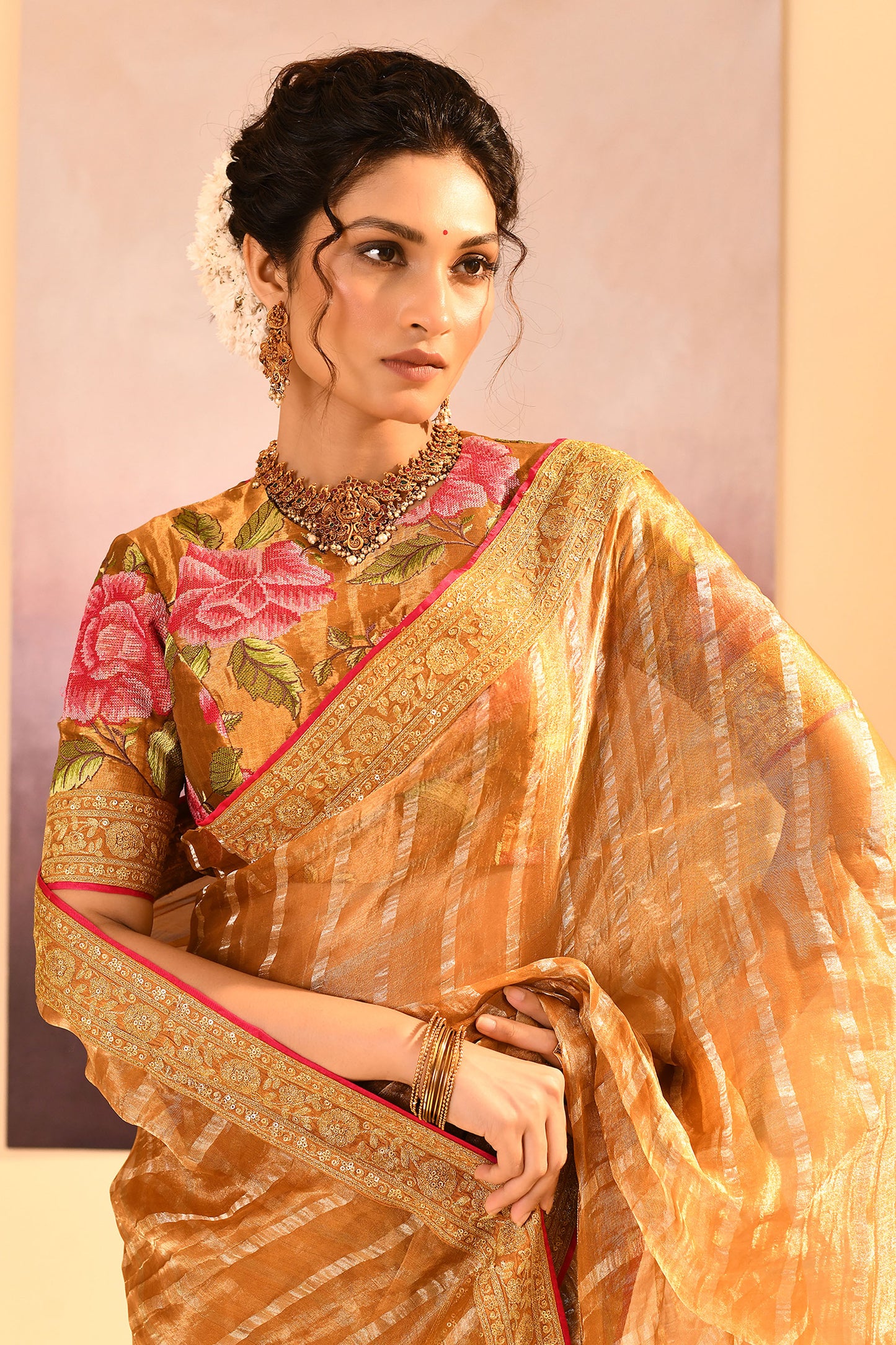 Golden Embroidered Tissue Saree With Stripes
