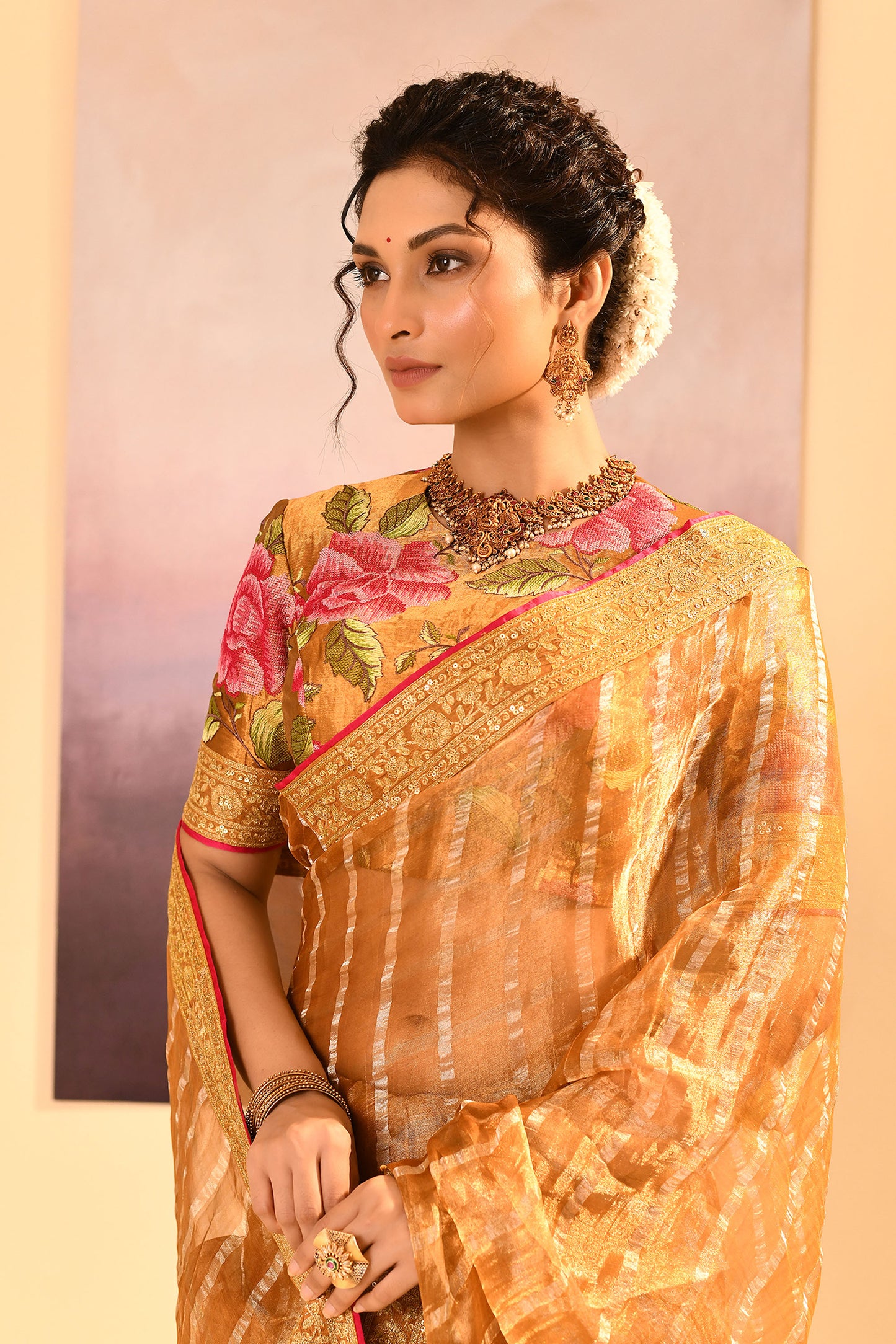 Golden Embroidered Tissue Saree With Stripes