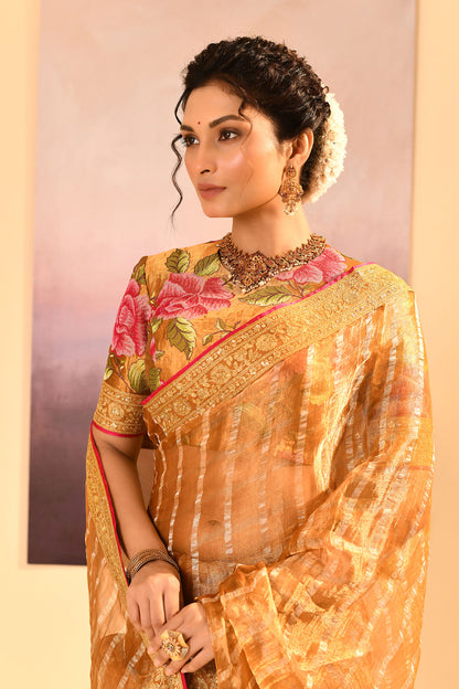 Golden Embroidered Tissue Saree With Stripes