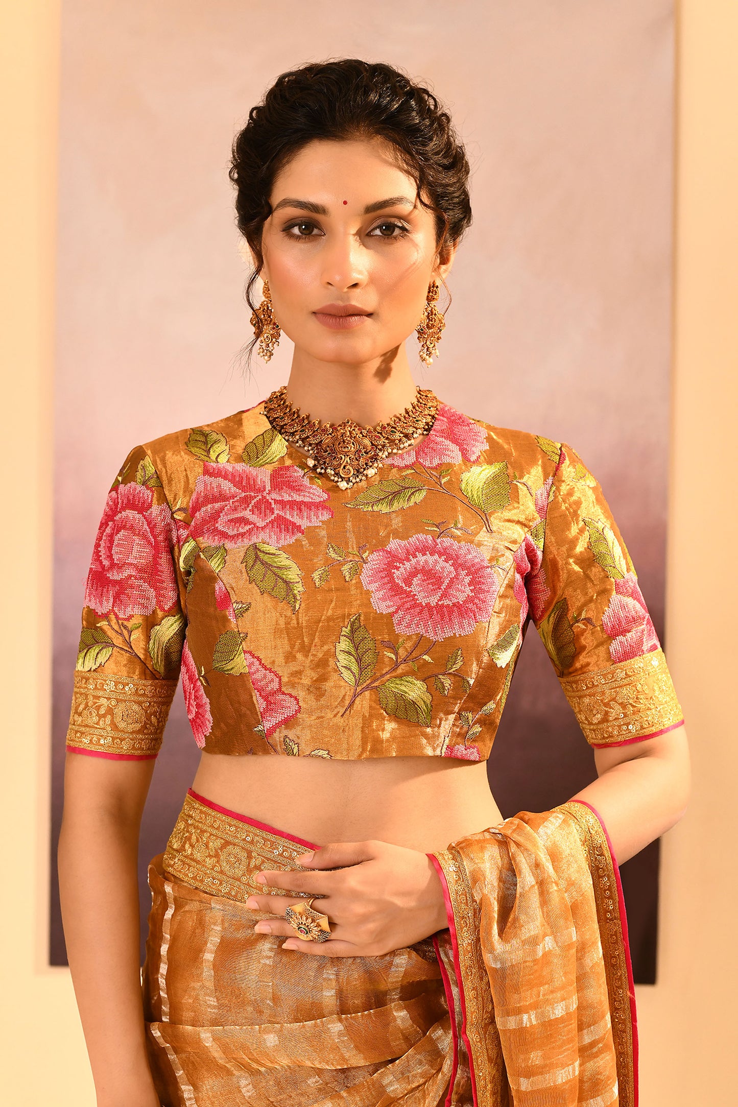 Golden Embroidered Tissue Saree With Stripes