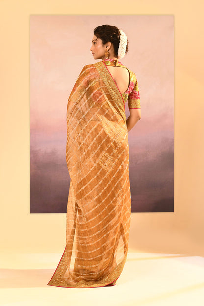 Golden Embroidered Tissue Saree With Stripes