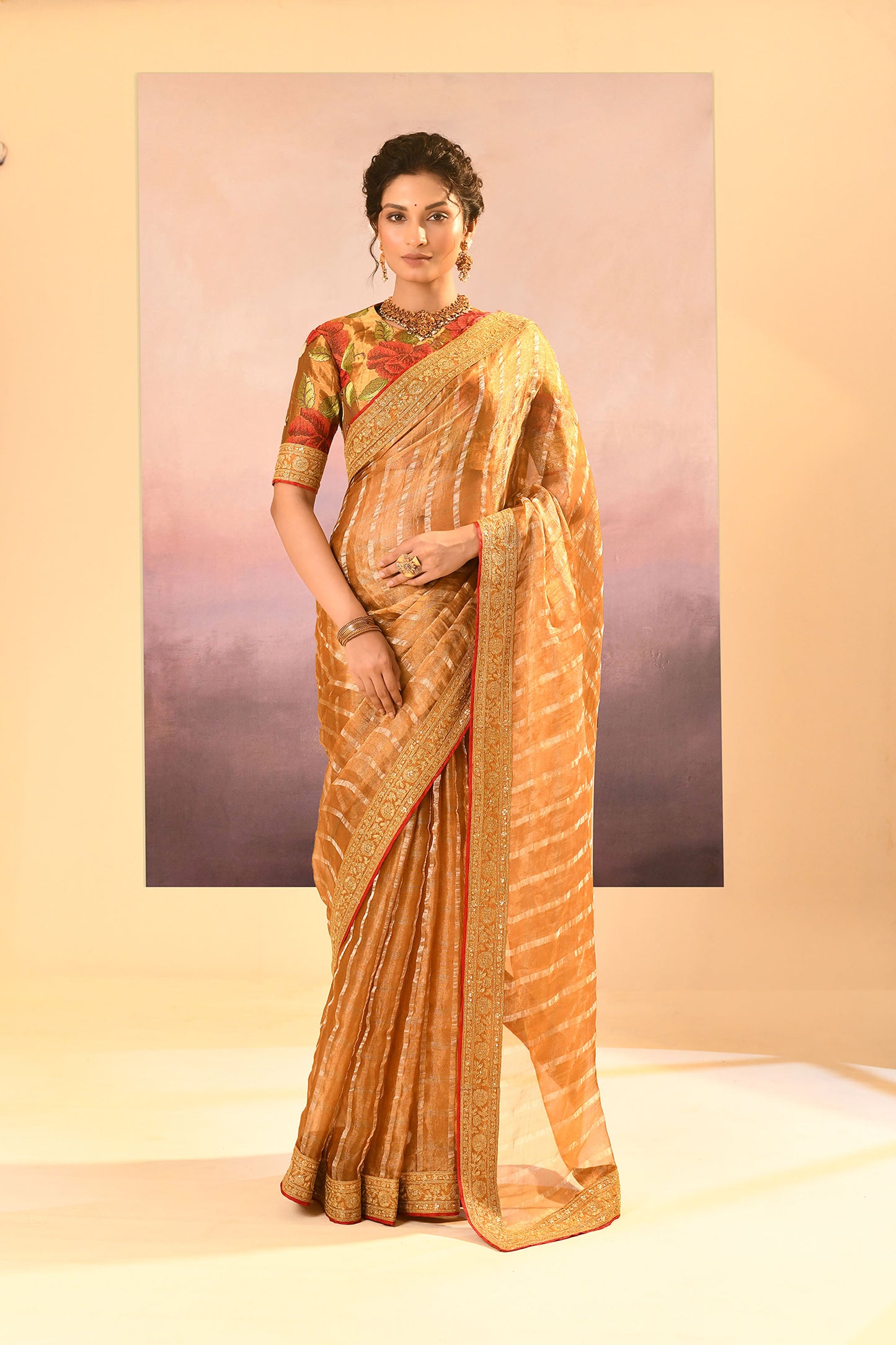 Golden Embroidered Metallic Tissue Saree