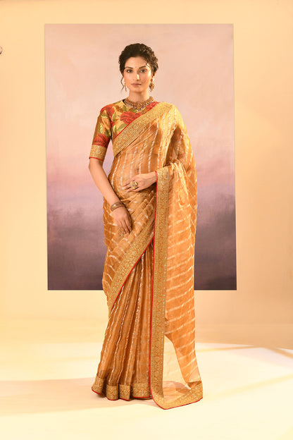 Golden Embroidered Metallic Tissue Saree
