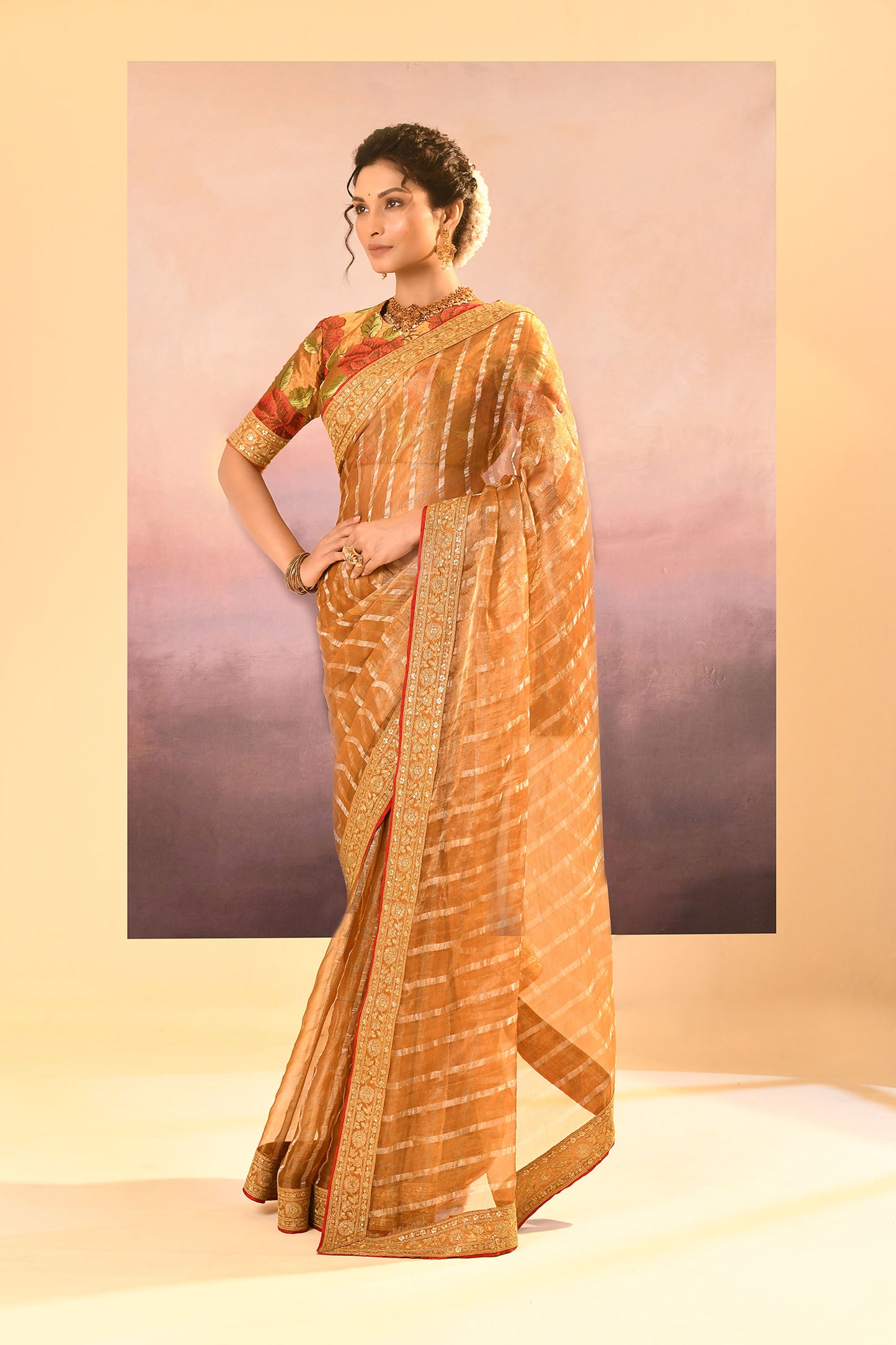 Golden Embroidered Metallic Tissue Saree