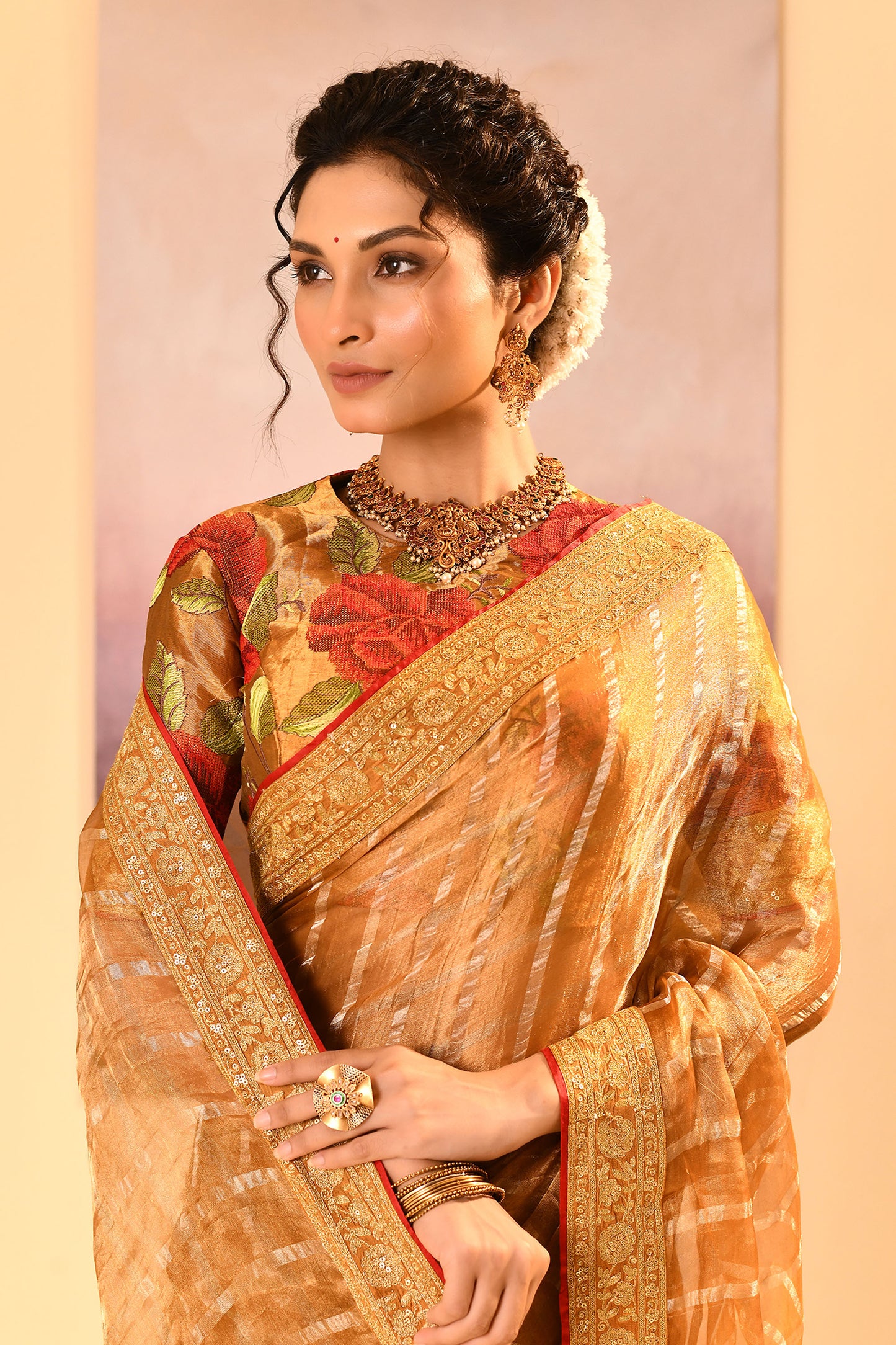 Golden Embroidered Metallic Tissue Saree