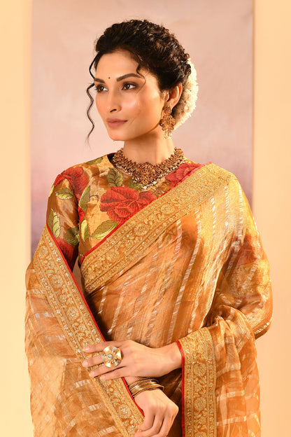 Golden Embroidered Metallic Tissue Saree