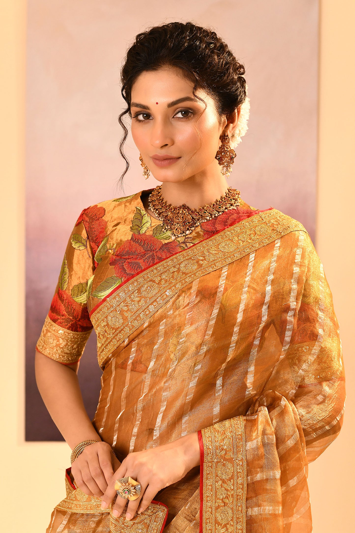 Golden Embroidered Metallic Tissue Saree