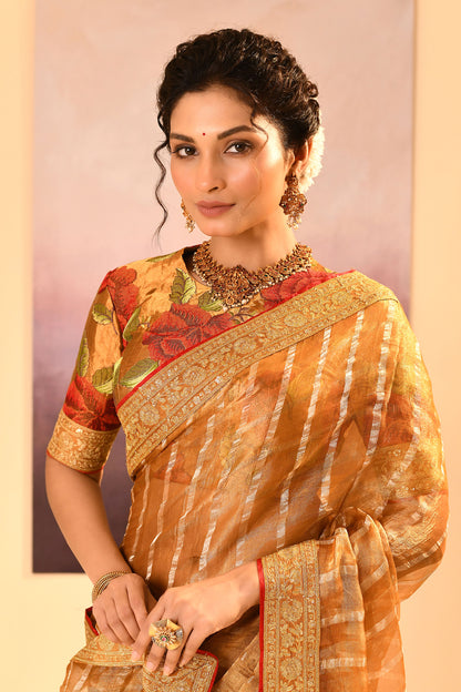 Golden Embroidered Metallic Tissue Saree