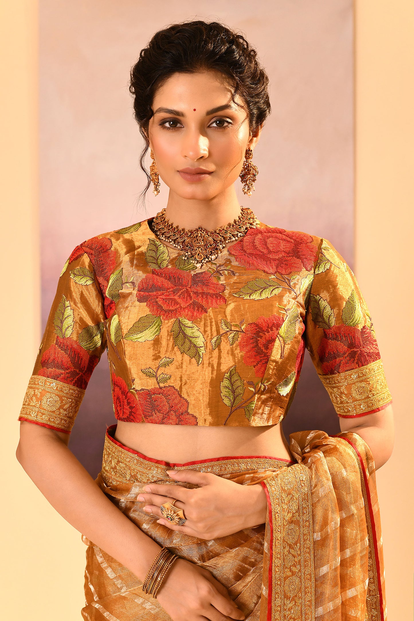 Golden Embroidered Metallic Tissue Saree