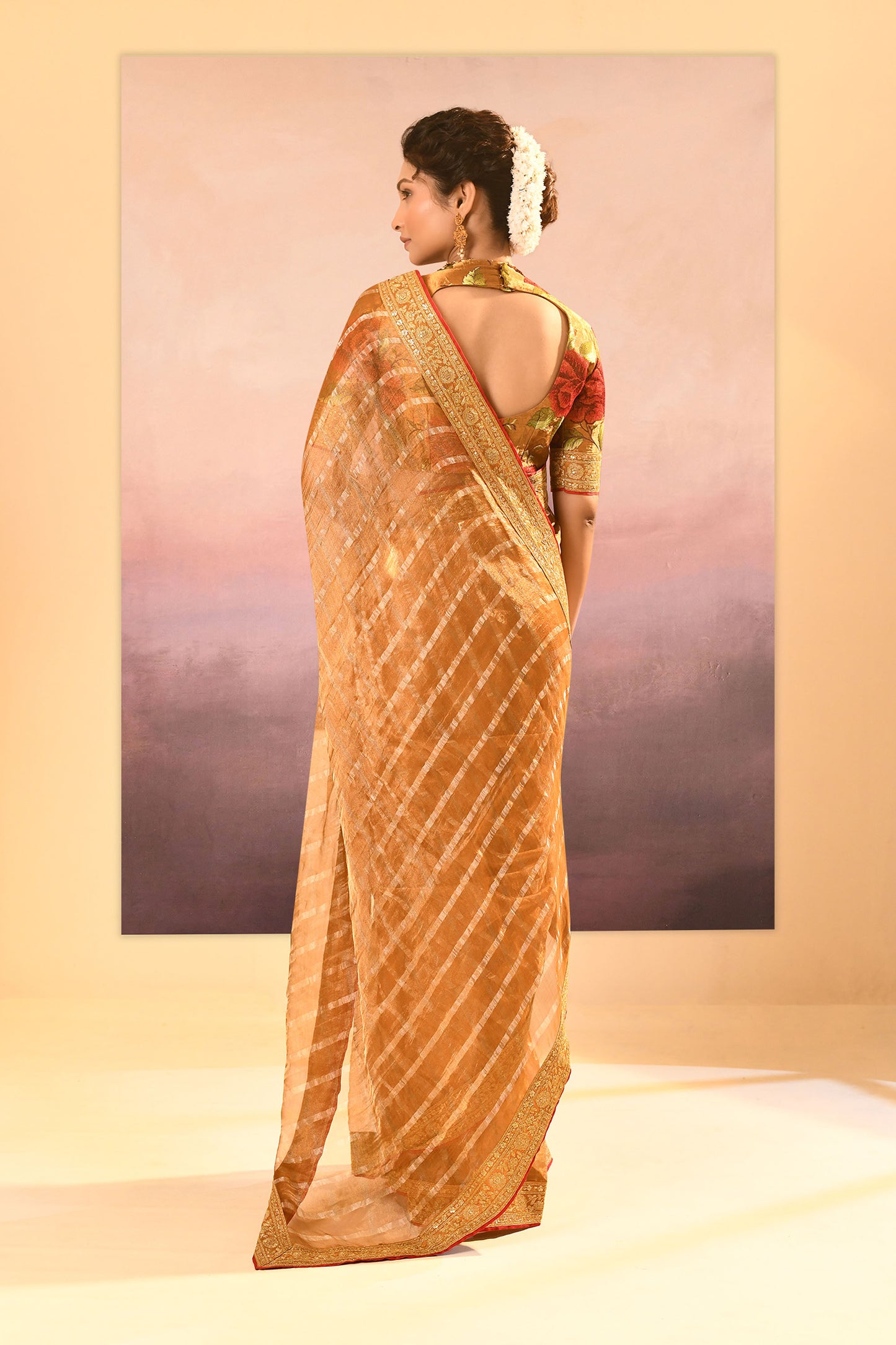 Golden Embroidered Metallic Tissue Saree
